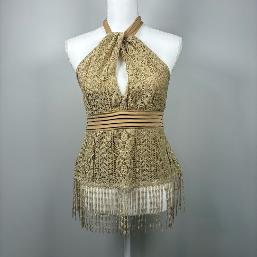 Venus Gold Lace Fringe Halter Top Boho Coachella Festival Y2K Size 6